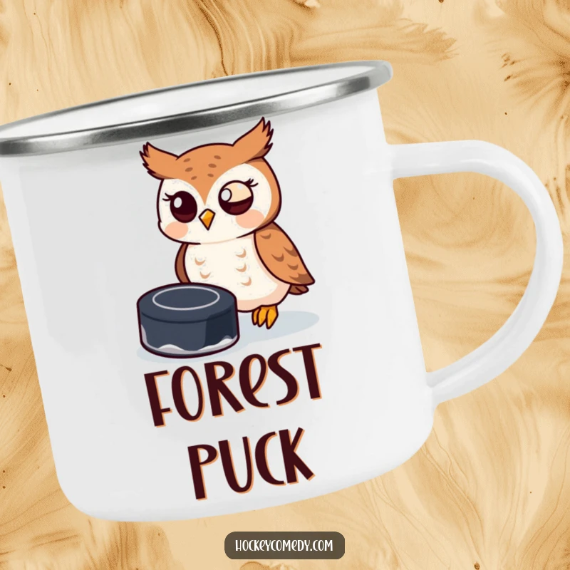 Funny owl trying to catch a hockey puck on a camping mug, ready for outdoor sports and brews.