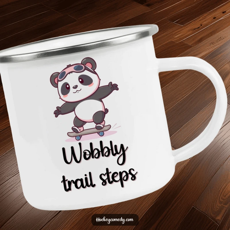 Funny playful panda attempting to skate with wobbly legs on a durable camping mug.