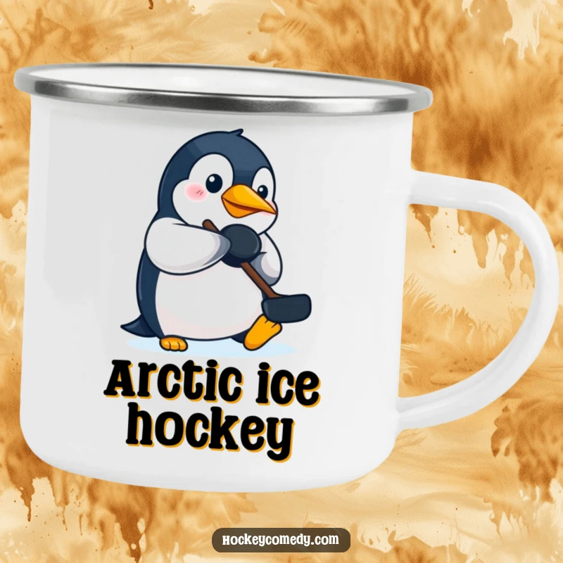 Funny penguin hockey camping mug, showing a determined penguin playing with a puck, ideal for outdoor brews.