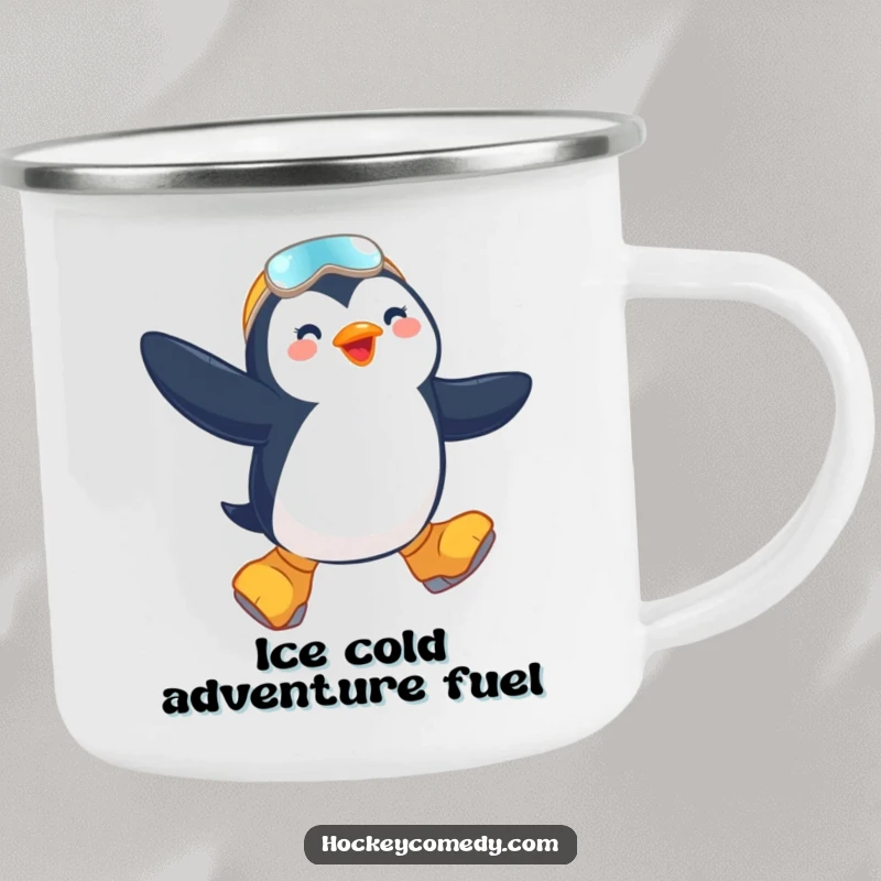 Funny camping mug with a jubilant penguin jumping on skates, perfect for sipping warm beverages during outdoor winter activities.