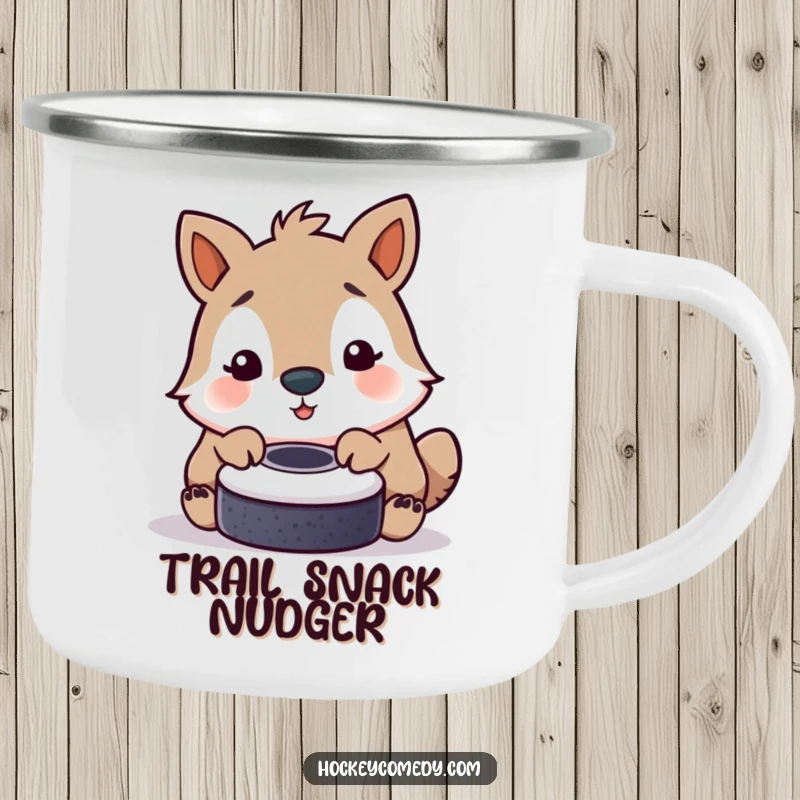 Funny camping mug with a cute animal playfully nudging a hockey puck with its nose, perfect for outdoor charm.