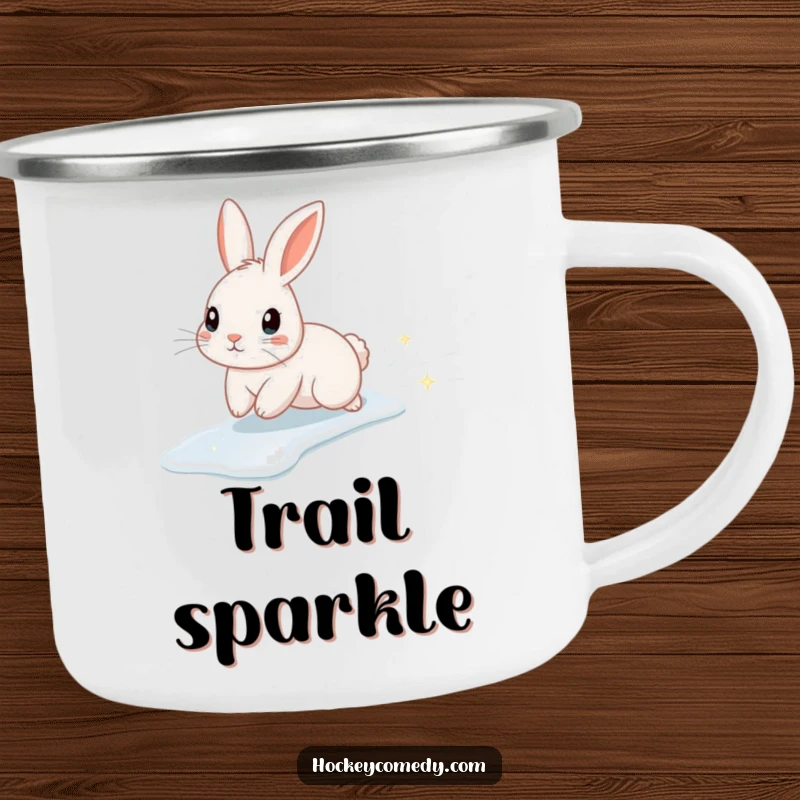 Funny camping mug featuring a cute rabbit character ice skating, leaving a trail of sparkles, designed for cozy outdoor moments.