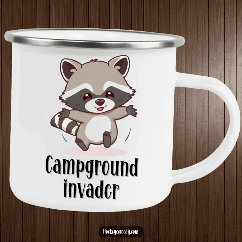 Funny camping mug showcasing a determined raccoon humorously sliding headfirst, ready for outdoor fun and comical escapades, durable for journeys.