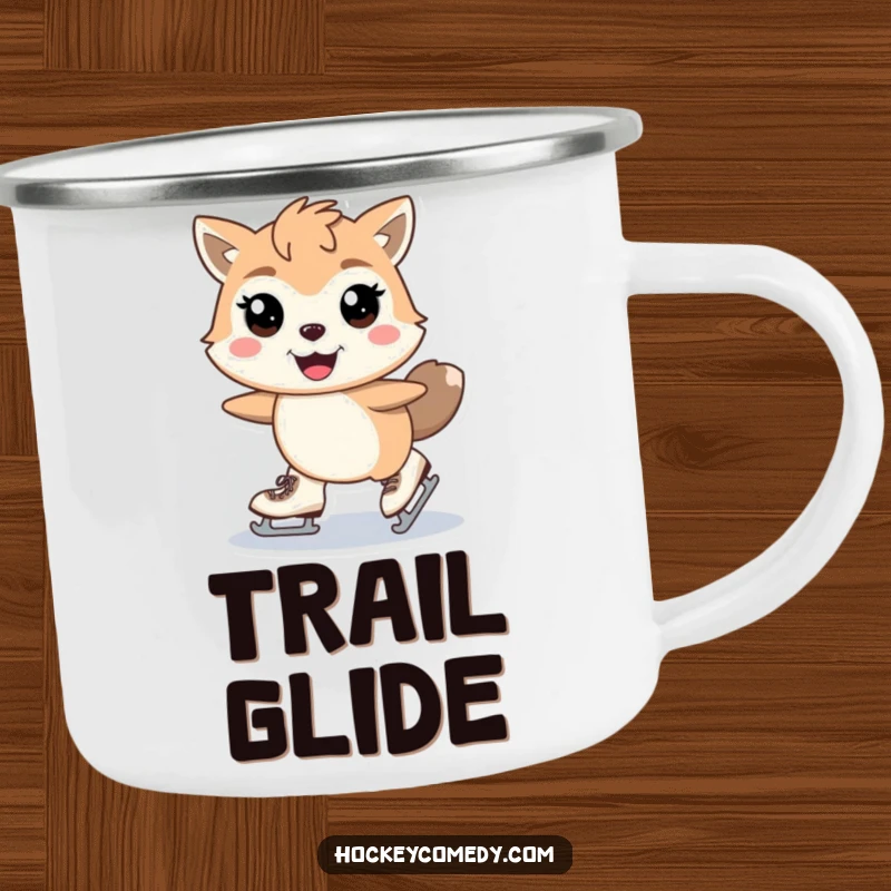 Funny skating animal camping mug showing a stylized animal with skates mid-stride and gleeful eyes, durable for outdoor fun. Great funny gift.