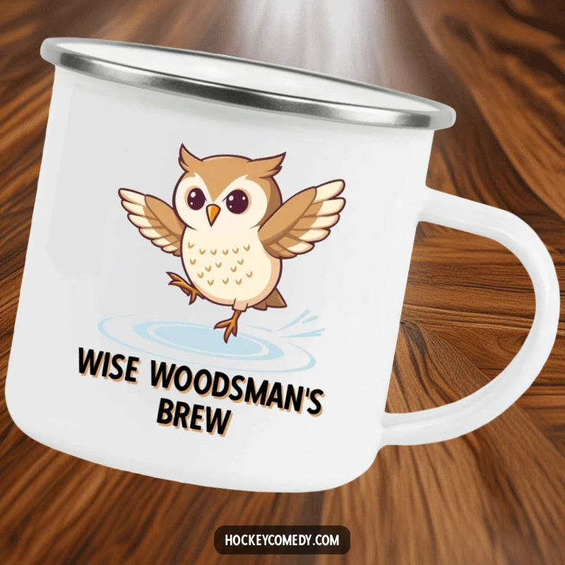 Funny camping mug showcasing a determined owl attempting an ice skating spin, perfect for outdoor enthusiasts who enjoy focus and humor.