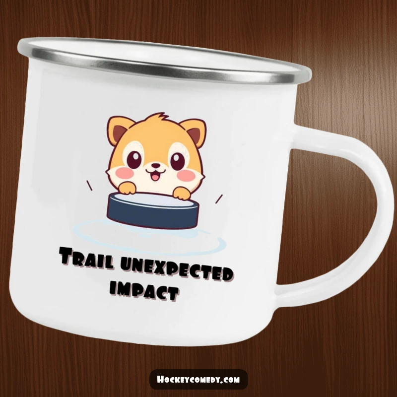 Funny camping mug depicting a stunned animal recoiling from a speeding hockey puck, perfect for outdoor laughs.