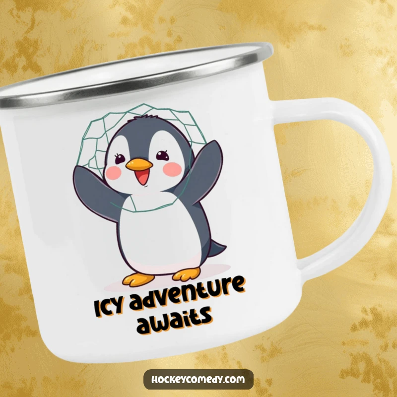 Funny camping mug showing a delighted penguin flapping enthusiastically while guarding a hockey net, perfect for drinks.