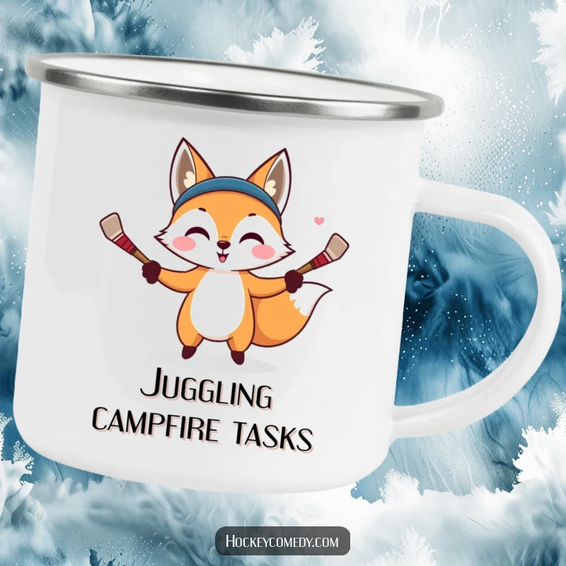 Funny camping mug with a mischievous fox juggling hockey sticks, ideal for sipping warm beverages during outdoor escapades.