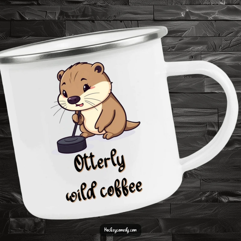 Funny Camping Mug with a silly otter comically dribbling a hockey puck with its nose, ideal for outdoor enjoyment and playful sips.