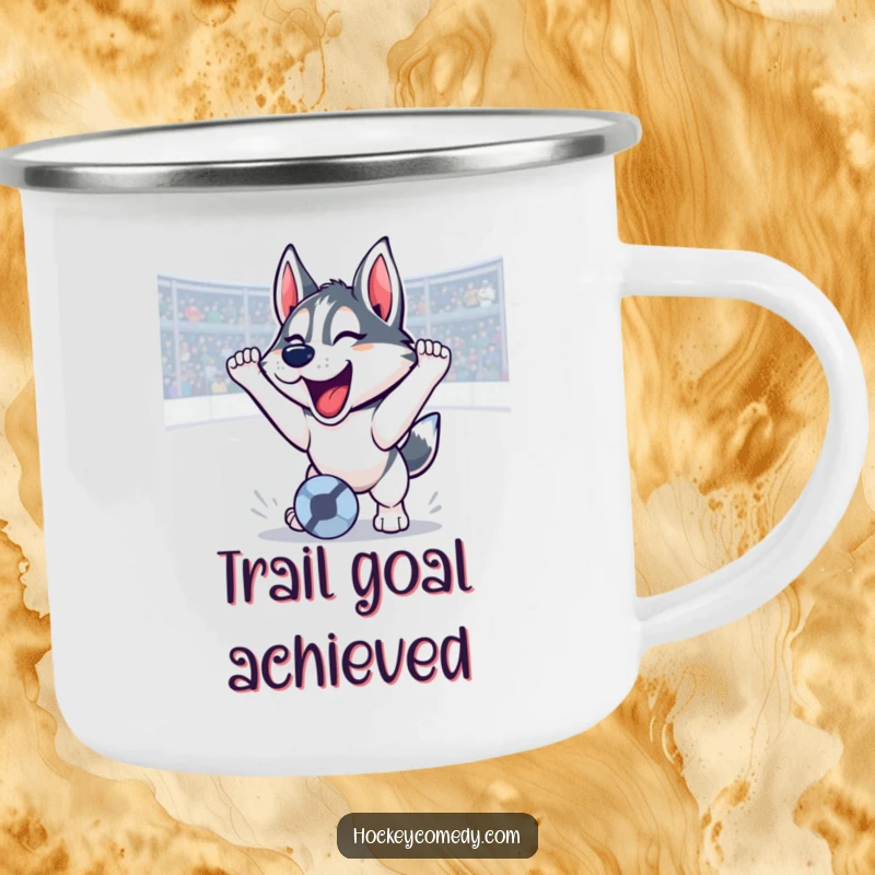 Funny husky camping mug celebrating a soccer goal with a triumphant roar, durable for outdoors, a hilarious and adventurous funny gift.