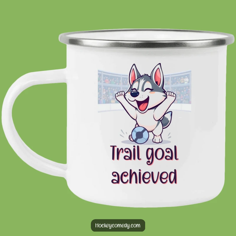 Funny Husky Goal Scoring Camping Mug: Roaring Victory Outdoors, Perfect Funny Gift