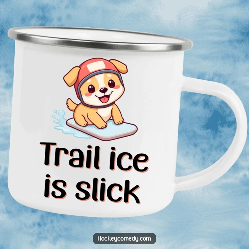 Funny camping mug: A happy dog in a miniature hockey helmet slides on ice, perfect for outdoor fun and humor.