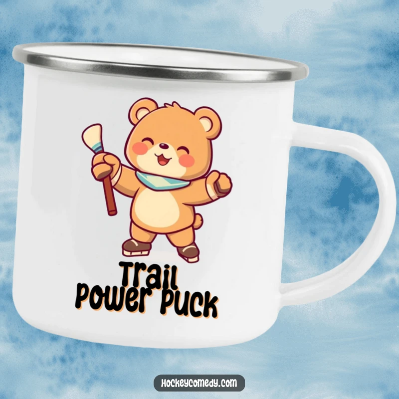 Funny camping mug showcasing a joyful bear character in a hockey pose, perfect for outdoor adventures and warm drinks.