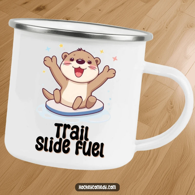 Funny happy otter character sliding on ice, sturdy enamel camping mug.