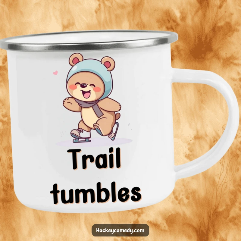 Funny bear giggling while tripping over skates, depicted on a sturdy and humorous camping mug.