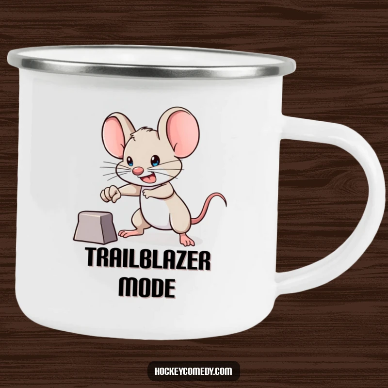 Funny brave mouse camping mug, determined expression, aiming for a goal, symbolizing ambition and humor for an outdoor gift.