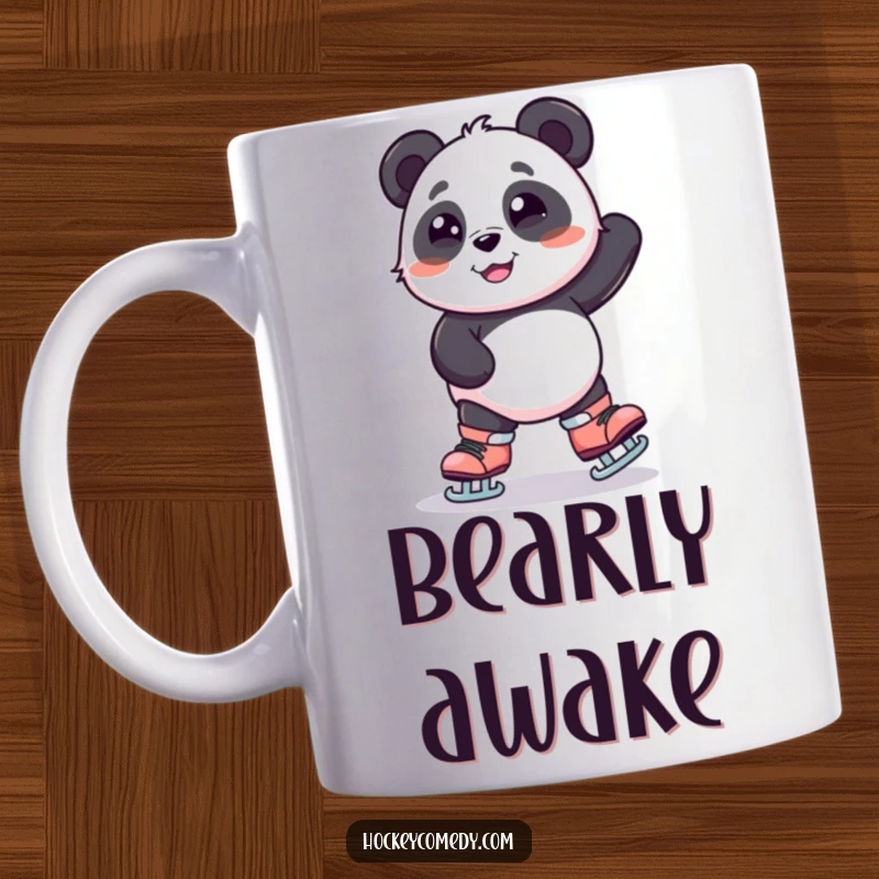 Funny mug featuring a smiling panda enthusiastically wearing oversized skates, wobbling precariously while attempting to balance with a cheerful expression.