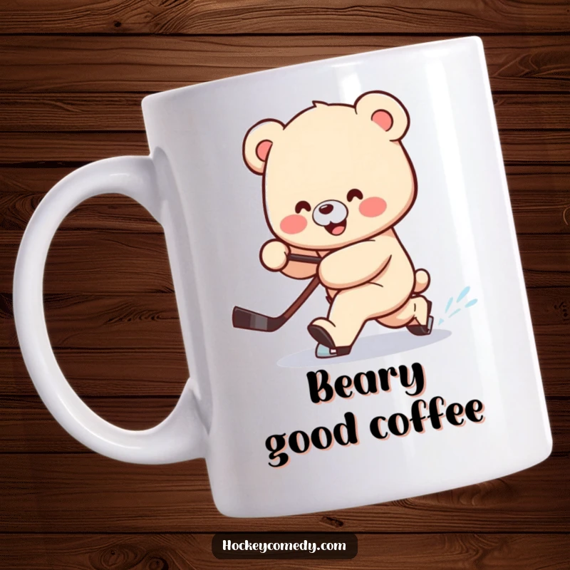 Funny mug showing a smiling bear attempting a clumsy hockey deke with its stick trailing behind.