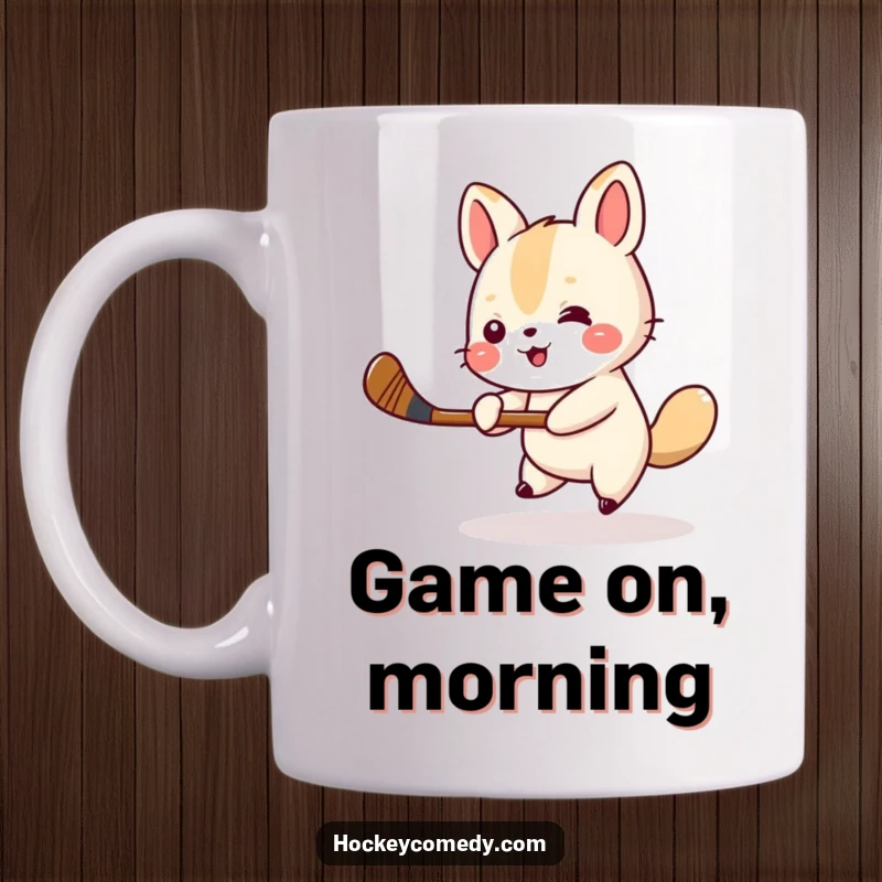 Funny animal hockey mug featuring a small animal cheerfully swinging a miniature hockey stick, radiating sporty joy. Perfect funny gift.