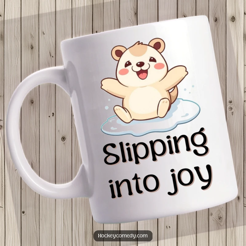 Funny happy animal arms spread wide, joyfully sliding on ice, a delightful winter sports mug design.