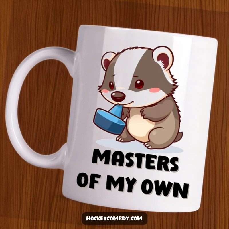 Funny badger mug, a playful badger attempting a puck flip with its nose, showcasing skill and humor, great gift.