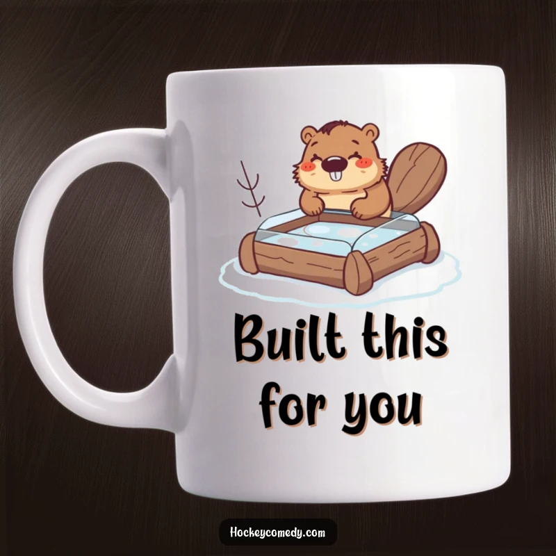 Funny beaver mug, a happy beaver building a small hockey rink out of logs, showing dedication and humor, great gift.