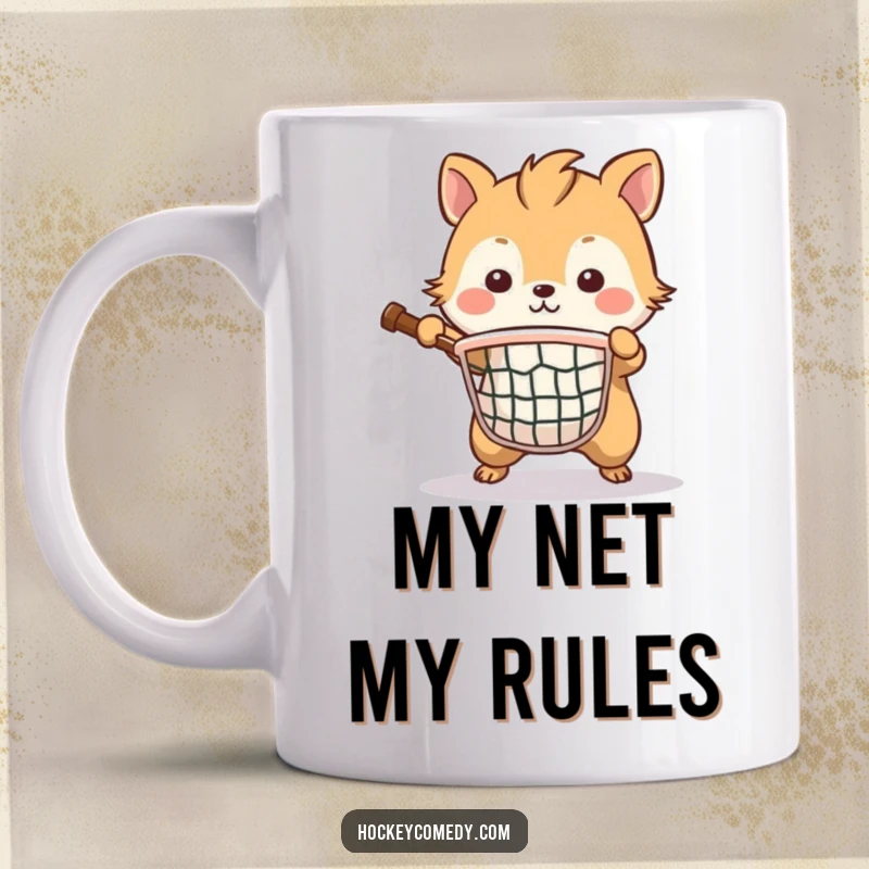 Funny mug depicting a brave animal fiercely guarding a small hockey net with unwavering determination and intensity.