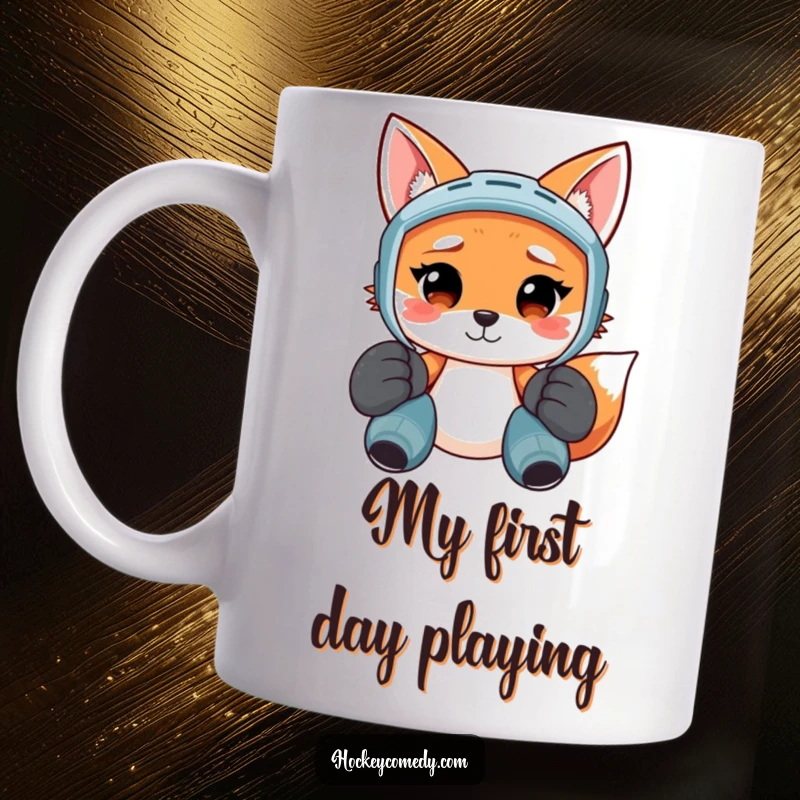 Funny mug showing a smiling fox wearing giant hockey pads, looking completely confused and lost on the ice.