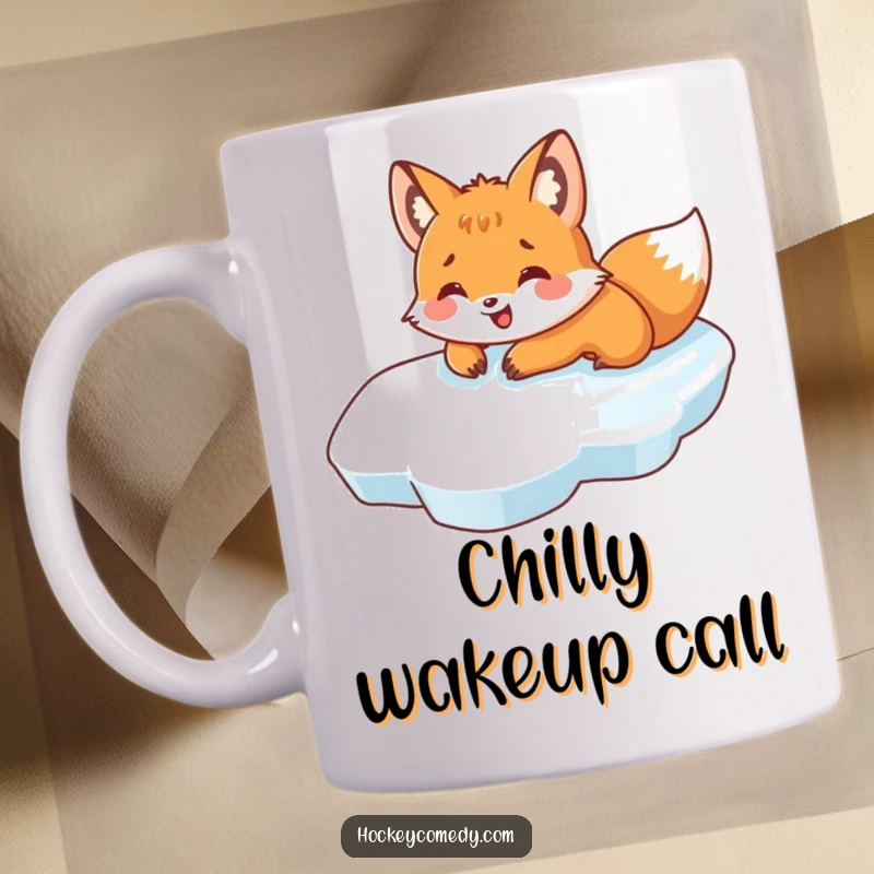 Funny mug showing a happy fox gleefully sliding on its belly across a glistening ice surface, embodying winter fun.