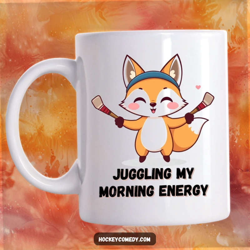 Funny mug featuring a mischievous fox skillfully juggling three tiny hockey sticks with a sly grin.