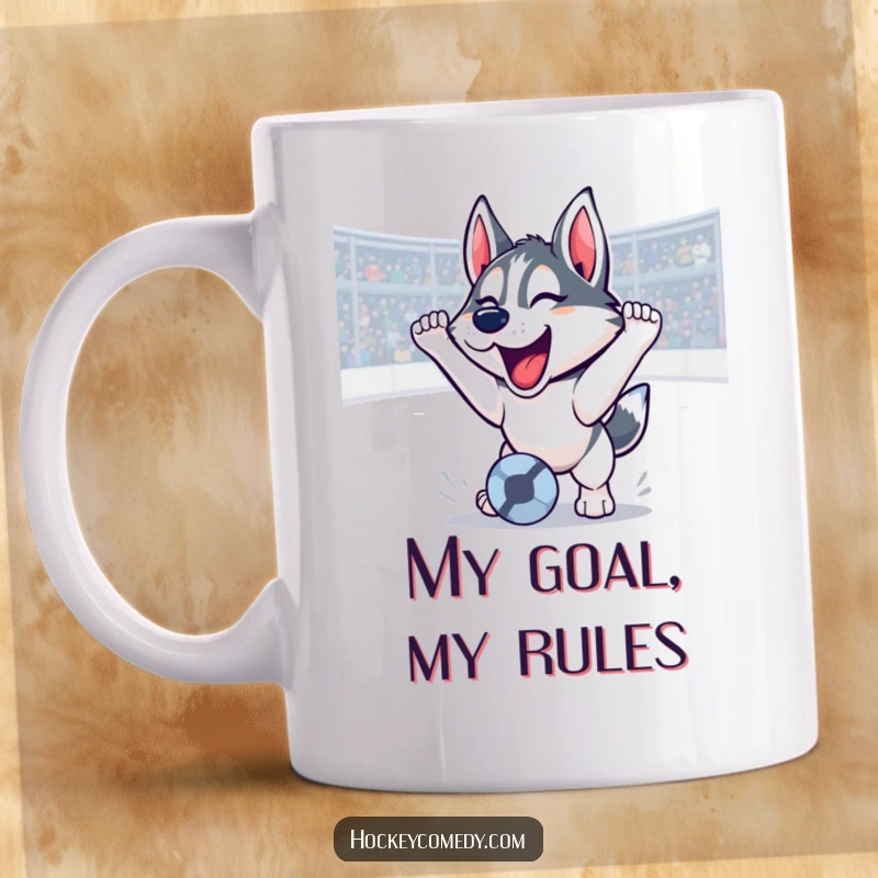 Funny Husky mug scoring a soccer goal with a triumphant roar, celebrating victory, a hilarious sports gift for fans.
