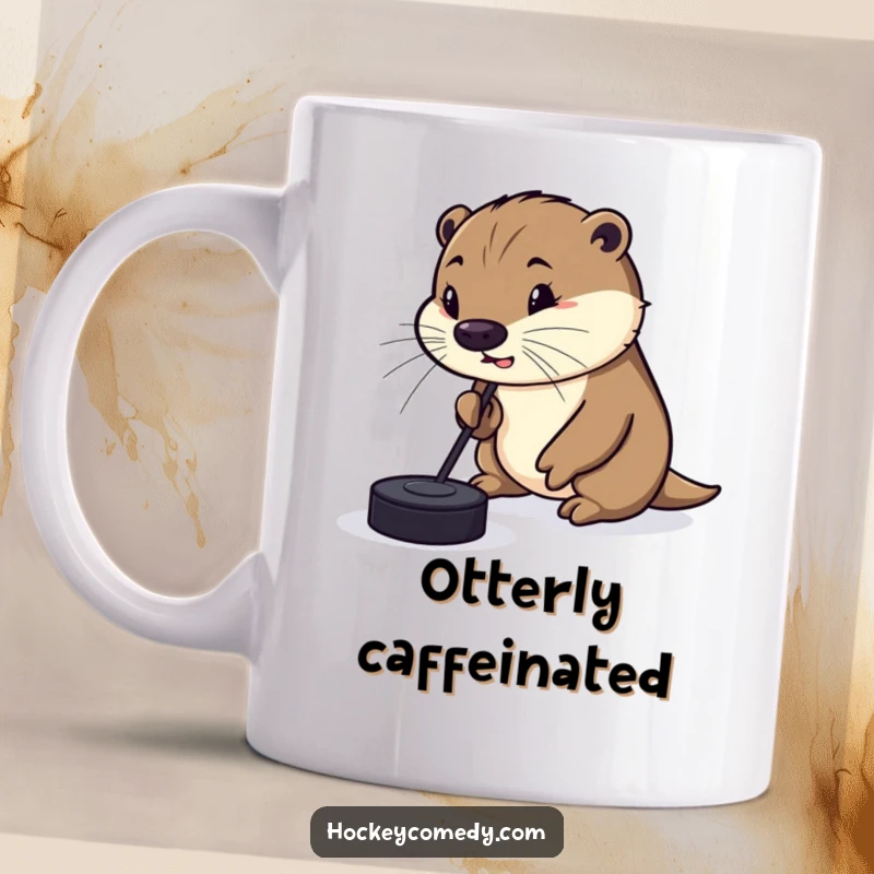 Funny Mug featuring a silly otter focused intently, trying to dribble a hockey puck using its nose in a comical manner.