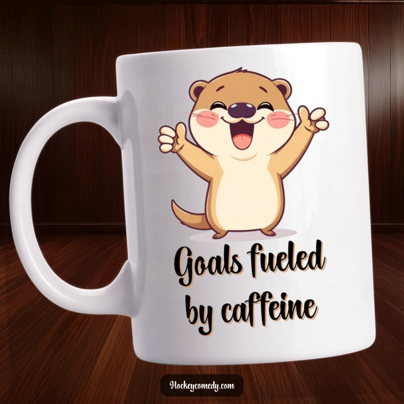 Funny mug featuring a jubilant otter striking a hilarious victory pose, celebrating a goal with pure, unadulterated joy and energetic flair.