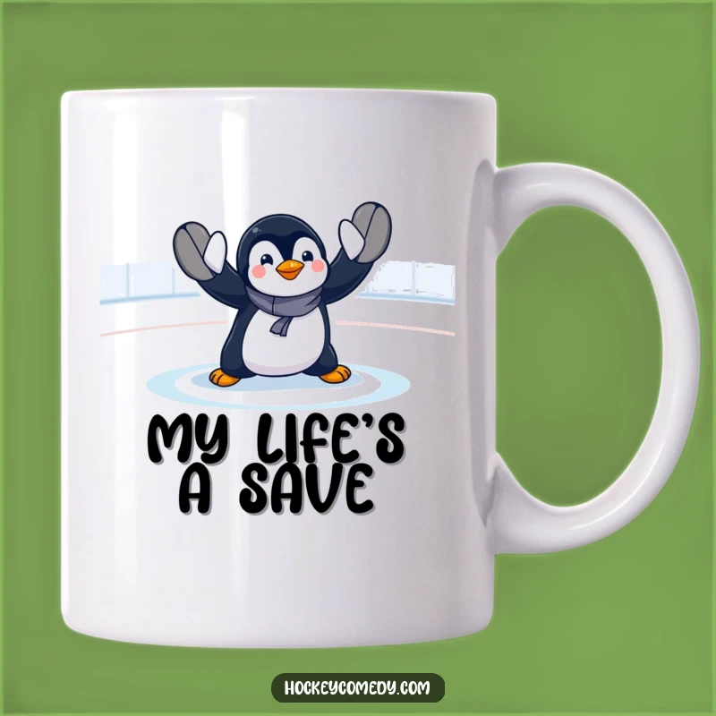 Funny Penguin Goalie Mug: Exaggerated Save Action, Perfect Gift for Hockey Fans