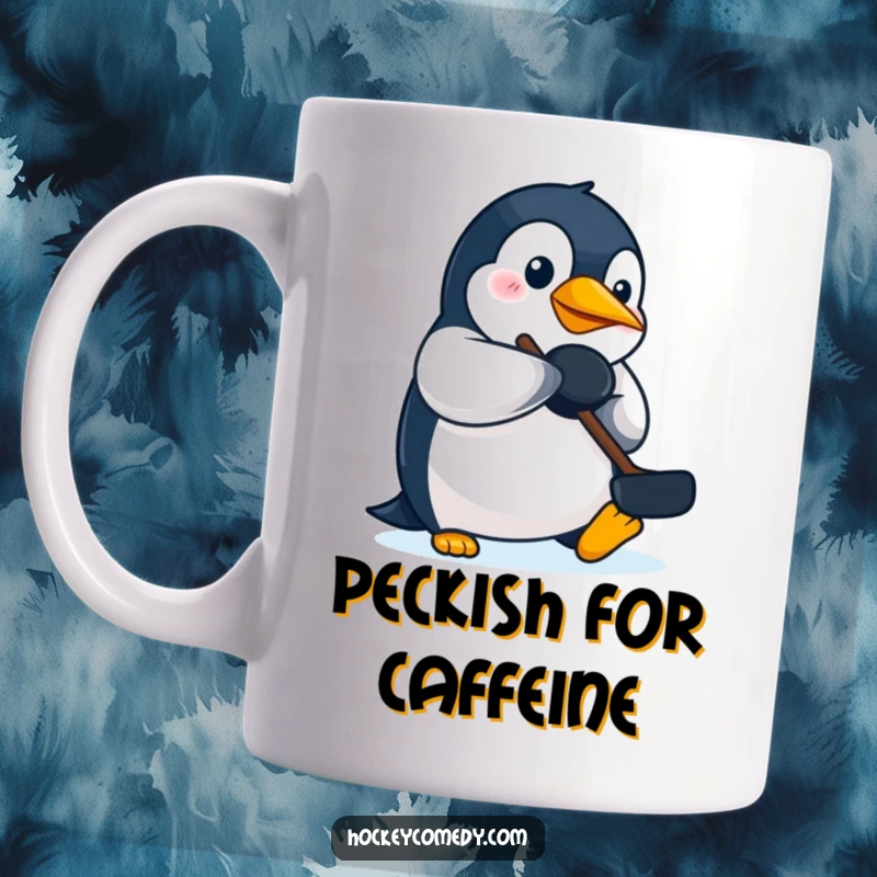 Funny determined penguin mug, playfully batting a hockey puck with its beak, showcasing fierce concentration and joy.