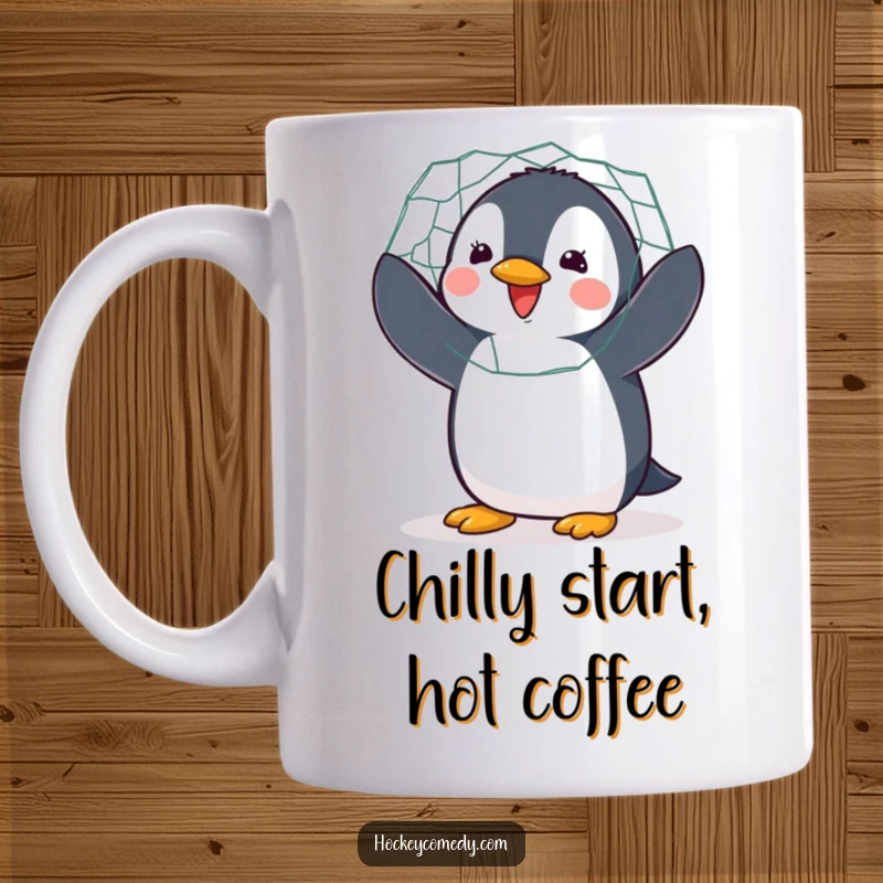 Funny mug showing a delighted penguin enthusiastically flapping its wings while guarding a hockey net.