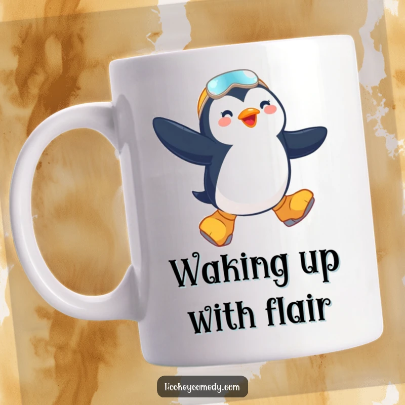 Funny mug featuring a jubilant penguin caught mid-air during an exciting jump while wearing oversized skates.