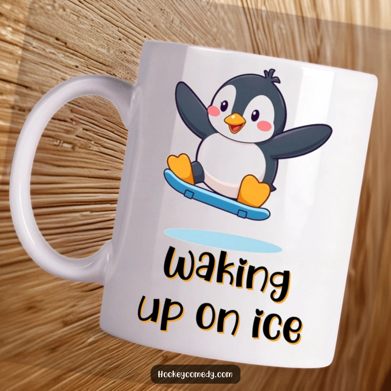 Funny Penguin Skater Mug: A playful penguin attempting a fancy ice skating move with arms outstretched.