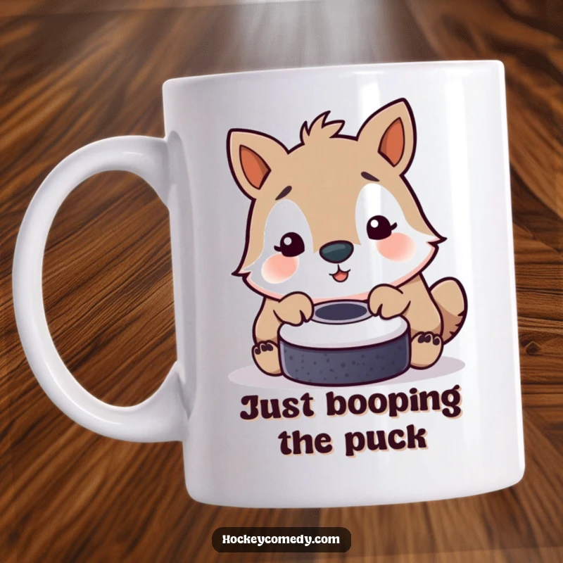 Funny mug with a cute animal gently nudging a hockey puck with its nose, showcasing playful interaction.