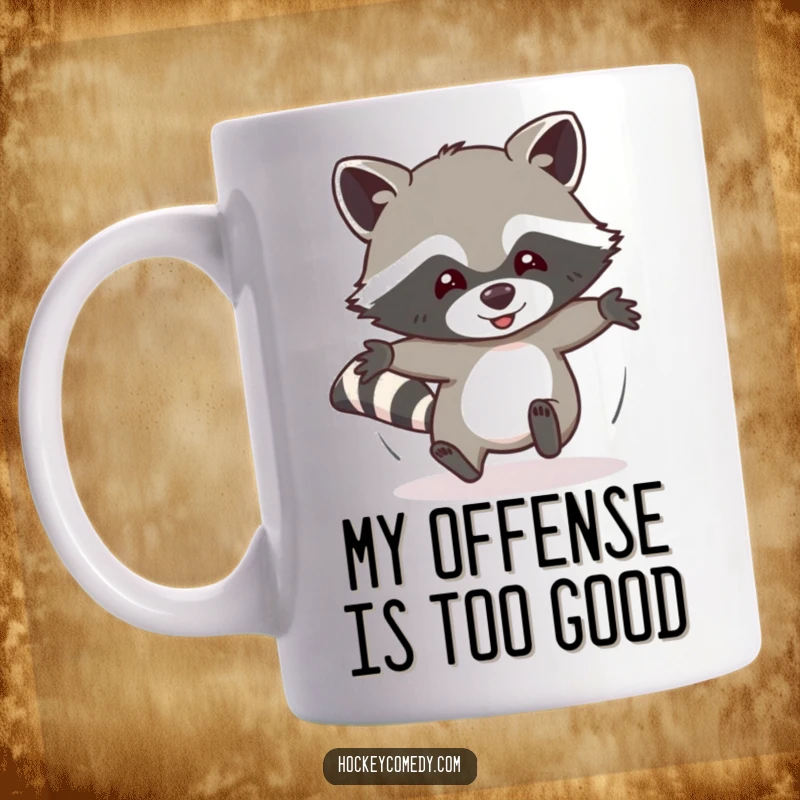 Funny mug featuring a determined raccoon comically sliding headfirst, ready to tackle an invisible foe with pure, unbridled enthusiasm.