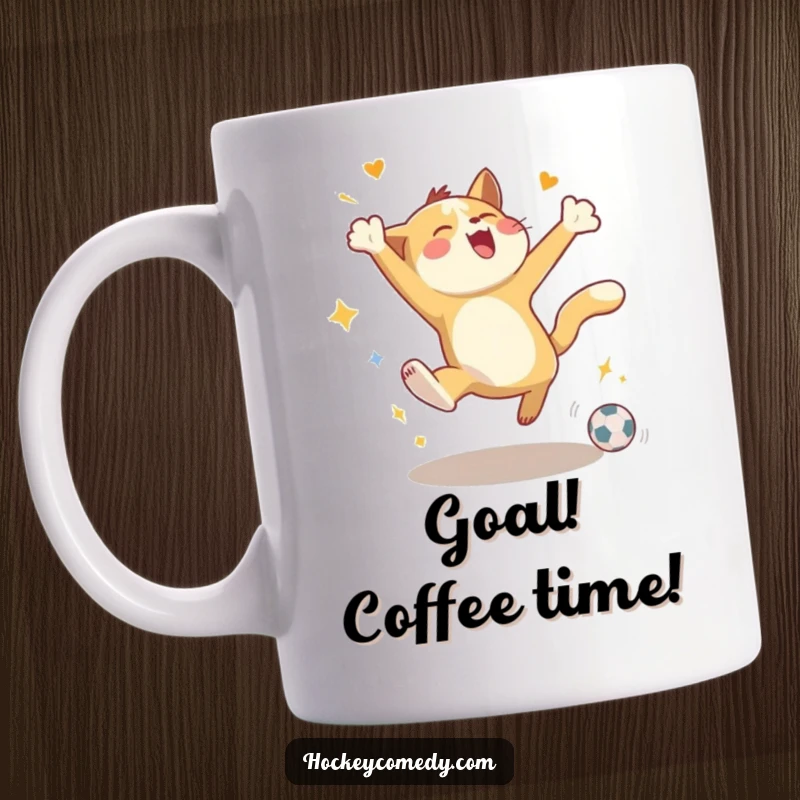 Funny mug showing an energetic animal leaping joyfully in celebration of scoring a goal, depicting pure happiness.