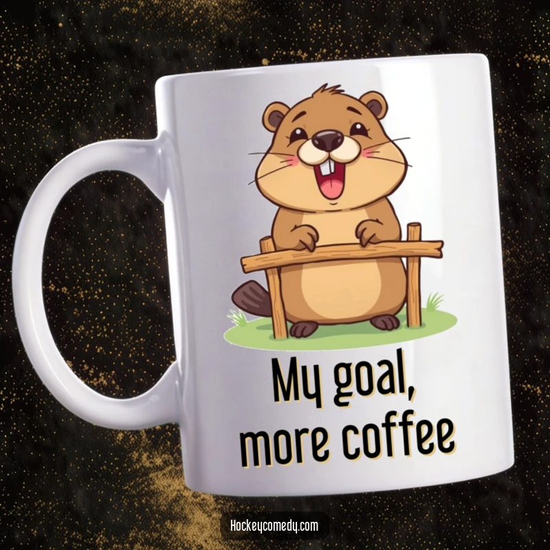 Funny mug depicting an excited beaver diligently constructing a miniature goalpost using sticks with great determination.