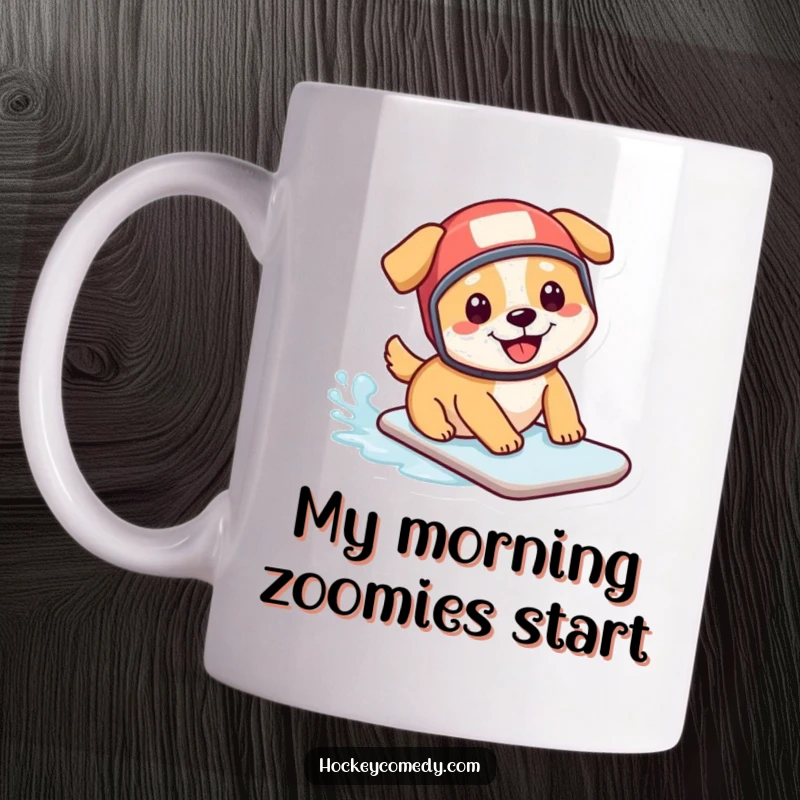 Funny mug: A happy, playful dog wearing a small hockey helmet slides joyfully on an icy surface, bringing pure delight.