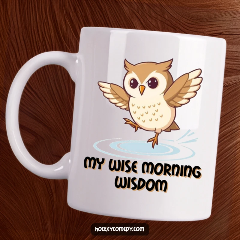 Funny mug showing a determined owl bravely attempting a challenging spin move while ice skating with intense focus.