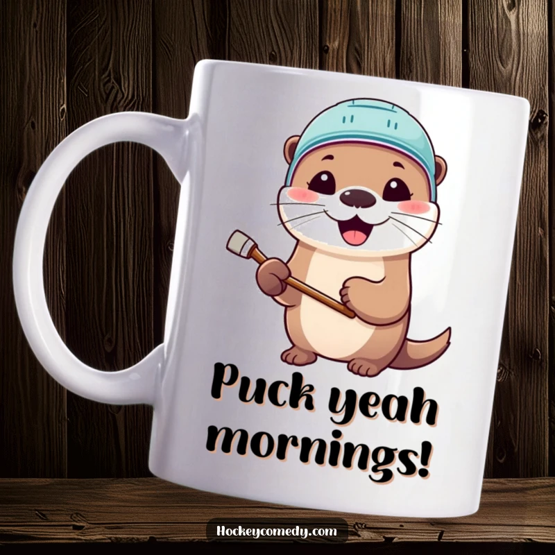 Funny mug featuring a cute otter in a hockey helmet, stick in paw, smiling wide, ready for the game.