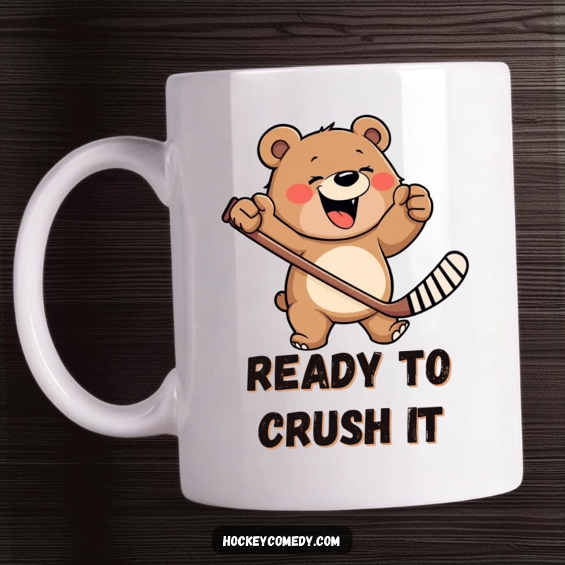 Funny mug showcasing a happy, roaring bear furiously waving a hockey stick with immense joy and energy.
