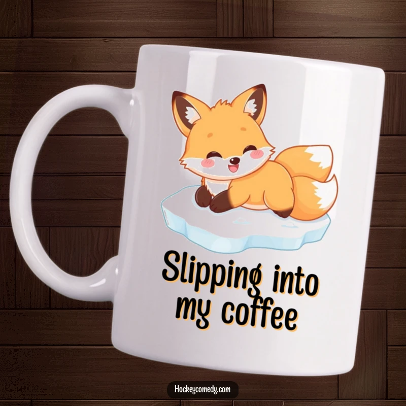Funny smiling fox mug, gracefully sliding on its belly across a frozen ice surface with pure delight.