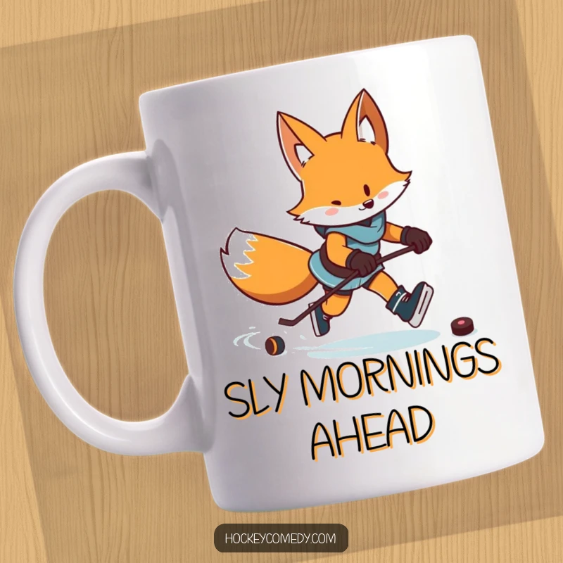 Funny mug showing a determined fox skating with a puck, leaving a trail of excited zigzags on the ice.