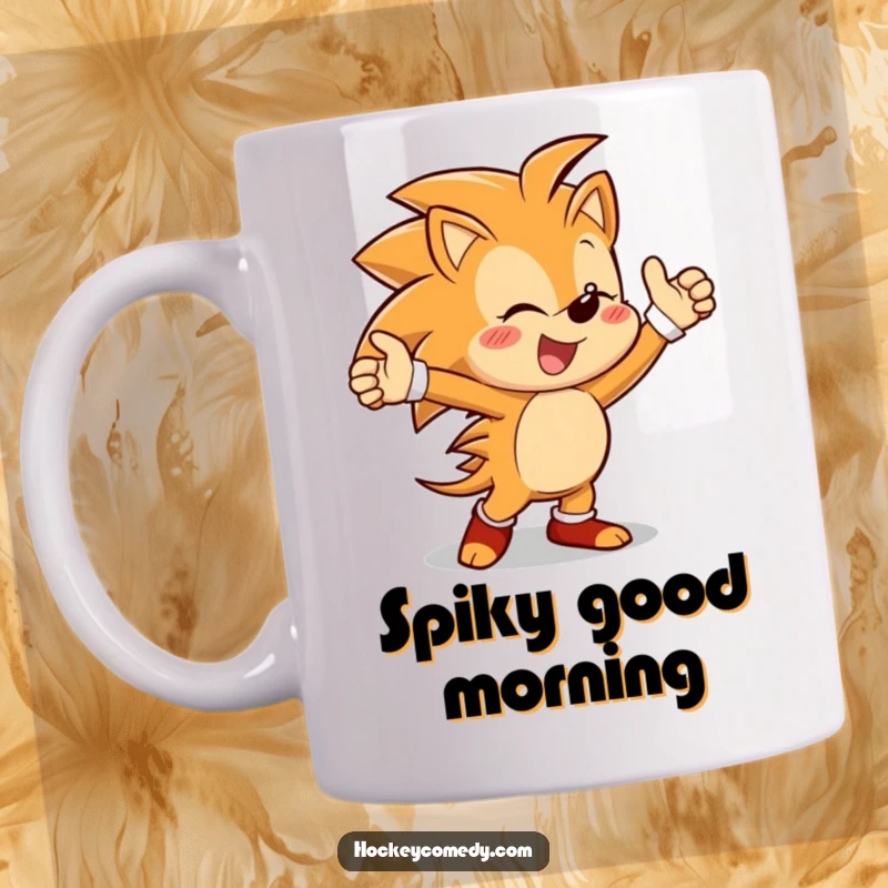 Funny mug showing a cheerful hedgehog character performing an energetic victory dance after scoring a goal, full of joy.