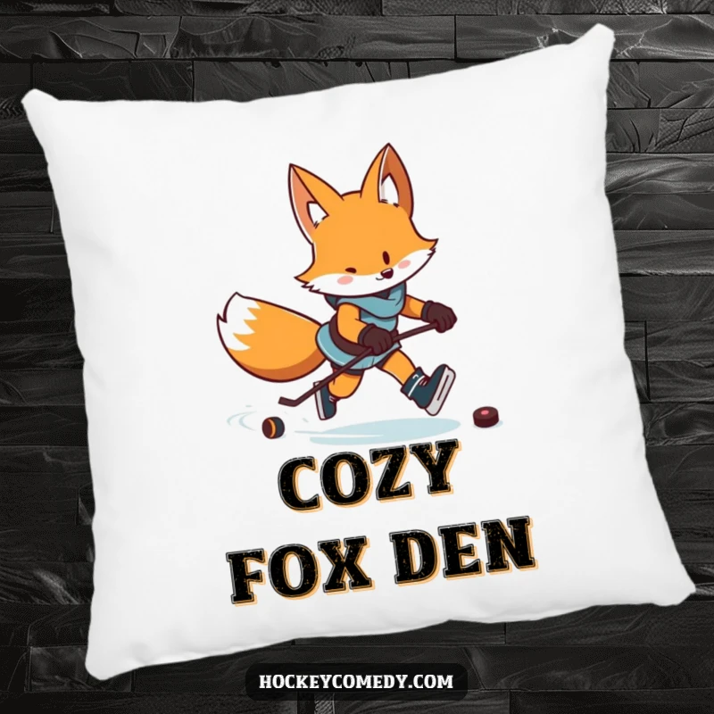 Funny pillow featuring a determined fox in mid-skate, leaving a trail of excited zigzags, with a puck.